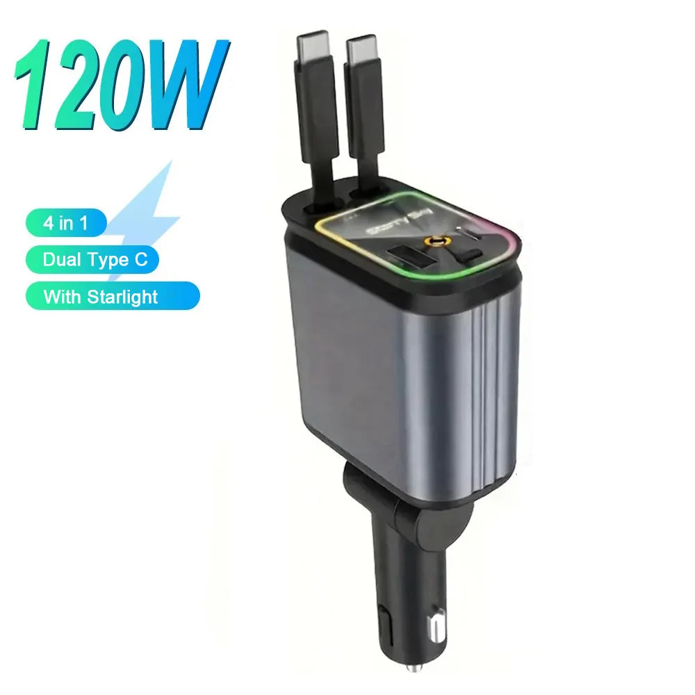 4 in 1 Retractable Car Charger with Roof Starlight USB C Cable Starlight in Auto