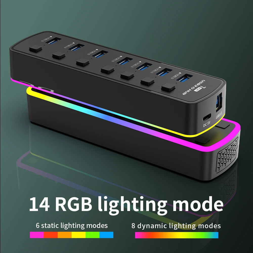 RGB USB 3.0 Hub 7 Ports Data Port Adapter 5Gbps Individual On/Off Switch