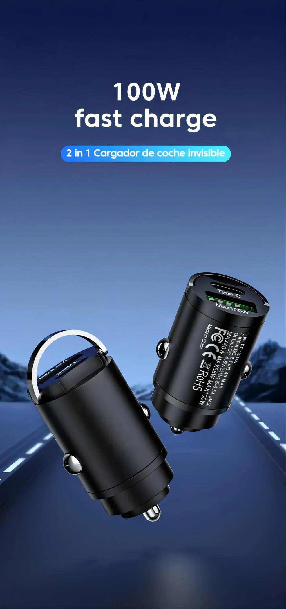 Mini 100W PD QC Pull Ring Fast Charging Car Charger USB C Car Phone Charger