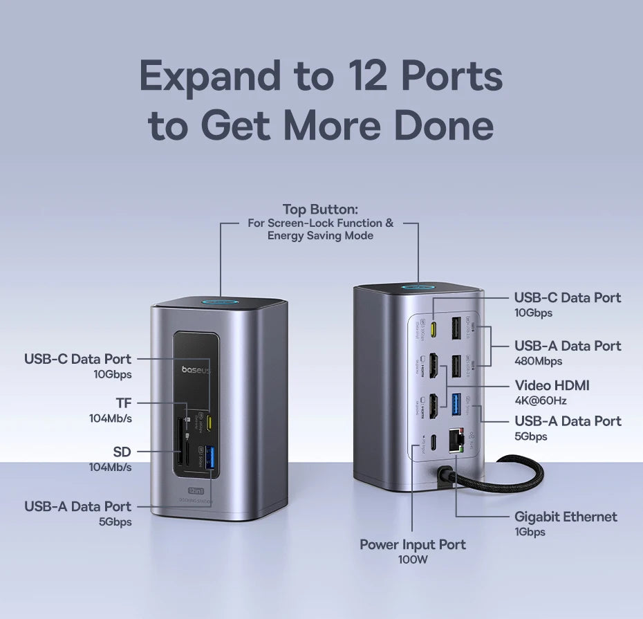 Baseus 12-in-1 USB C HUB to HDMI 4K@60Hz Dual Display USB 3.2 Adapter