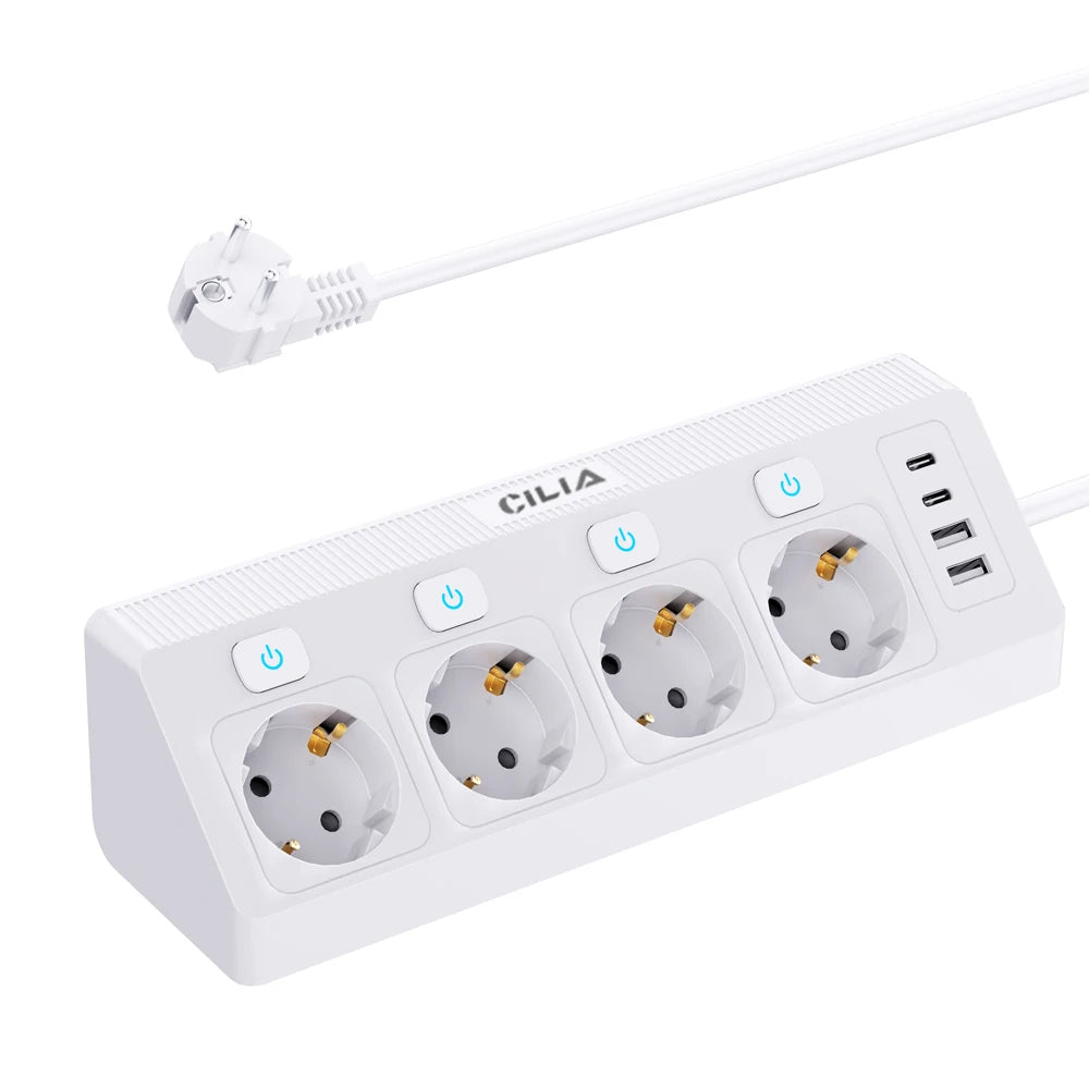 EU Plug Power Strip with 4 Sockets 4 Switches 2 USBs 2C 1.5M Extension Line