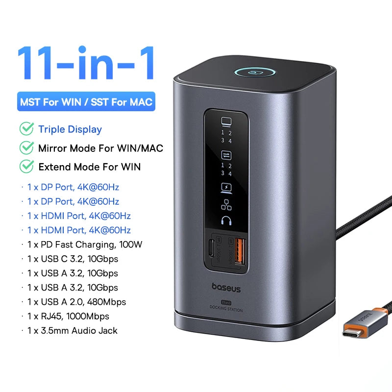 Baseus 12-in-1 USB C HUB to HDMI 4K@60Hz Dual Display USB 3.2 Adapter