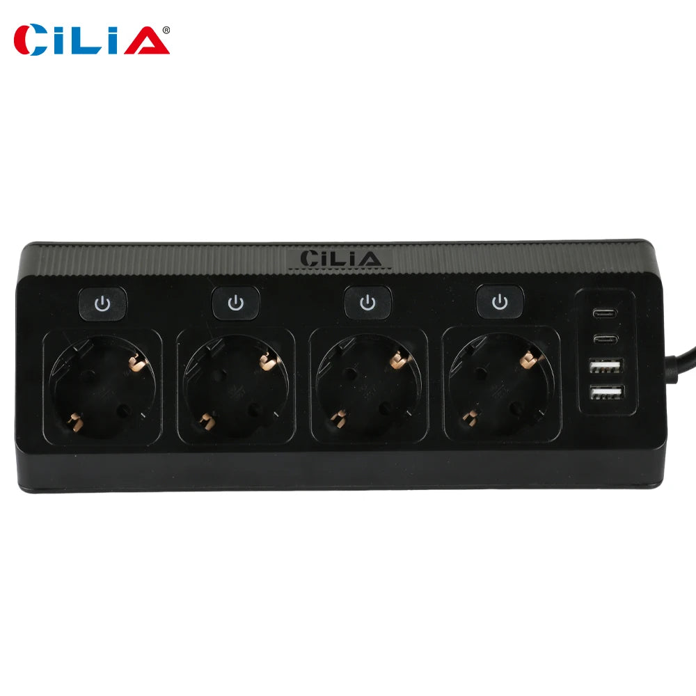 EU Plug Power Strip with 4 Sockets 4 Switches 2 USBs 2C 1.5M Extension Line