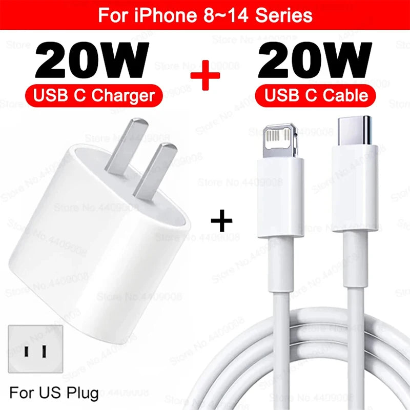 US EU Adapter 20W PD Fast Charger For iPhone 13 12 11 14 15 16 Pro Max Plus