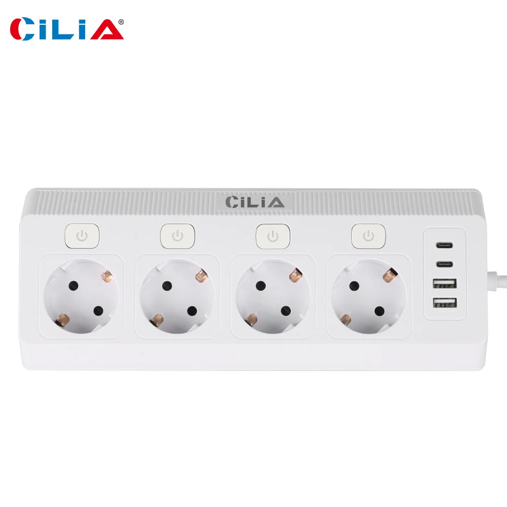 EU Plug Power Strip with 4 Sockets 4 Switches 2 USBs 2C 1.5M Extension Line