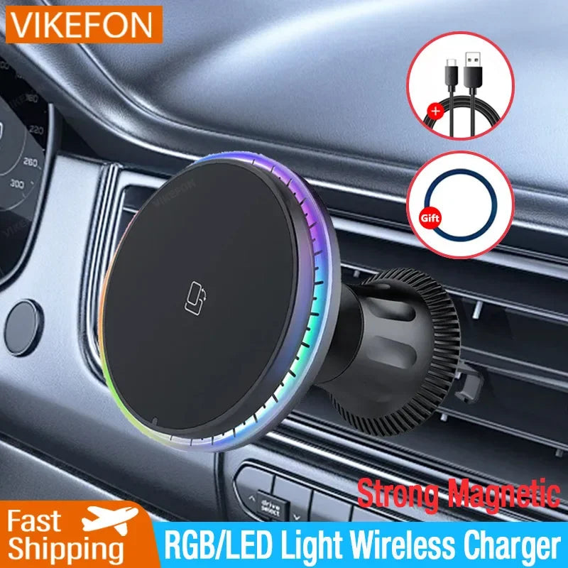 30W Magnetic Car Wireless Chargers RGB LED Light For iPhone 12 13 14 15 Pro Max