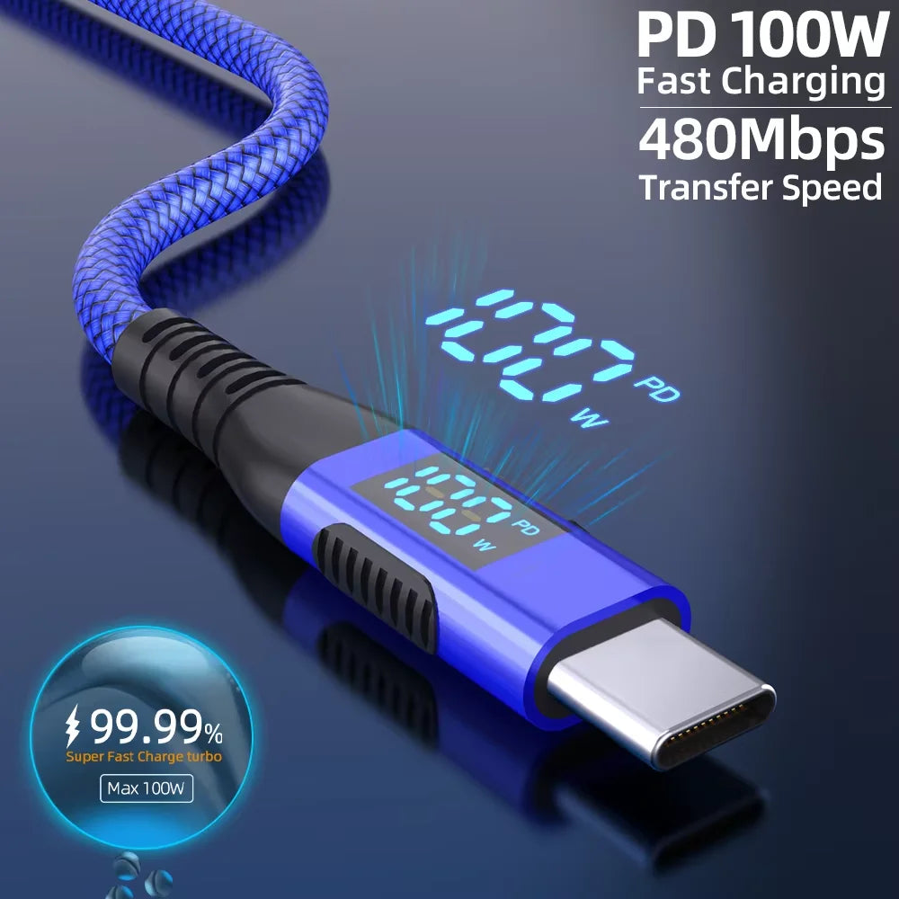 Ultra Fast Charging USB C to Type C Cable 100W 20V5A with LED Dynamic Display
