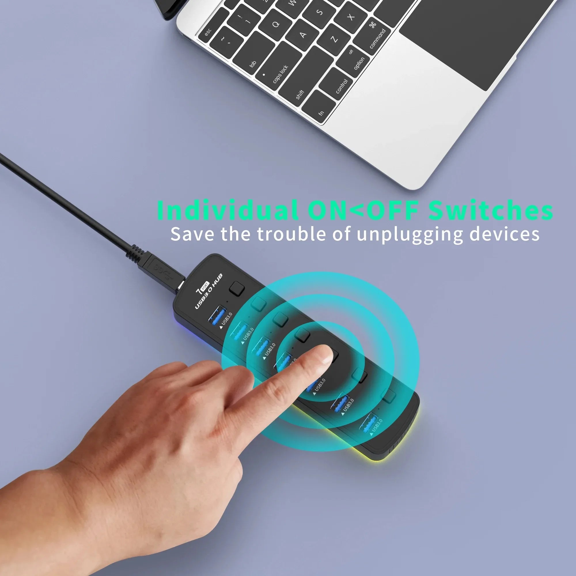 RGB USB 3.0 Hub 7 Ports Data Port Adapter 5Gbps Individual On/Off Switch