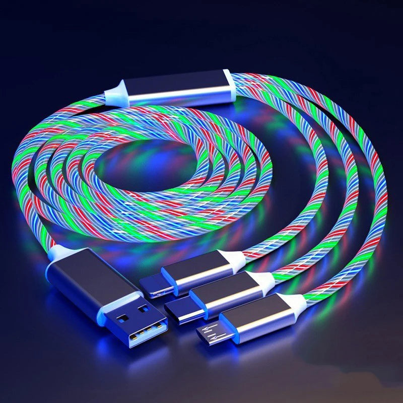 Glowing LED 3 IN 1 Cable For Samsung Xiaomi iPhone Flowing Streamer