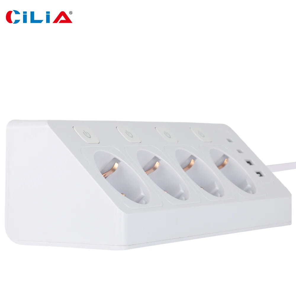 EU Plug Power Strip with 4 Sockets 4 Switches 2 USBs 2C 1.5M Extension Line