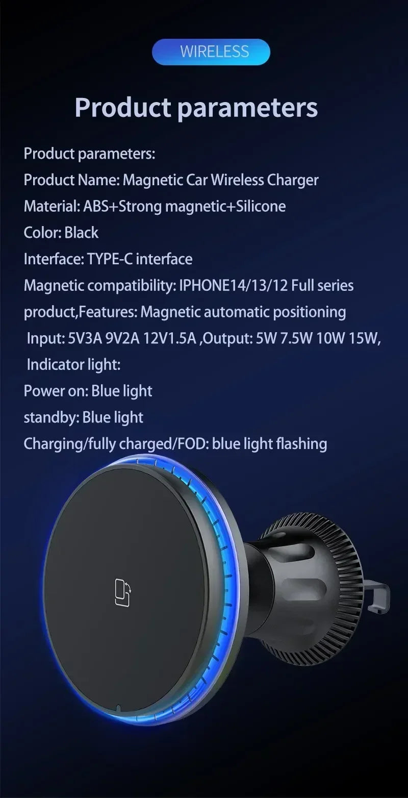 30W Magnetic Car Wireless Chargers RGB LED Light For iPhone 12 13 14 15 Pro Max