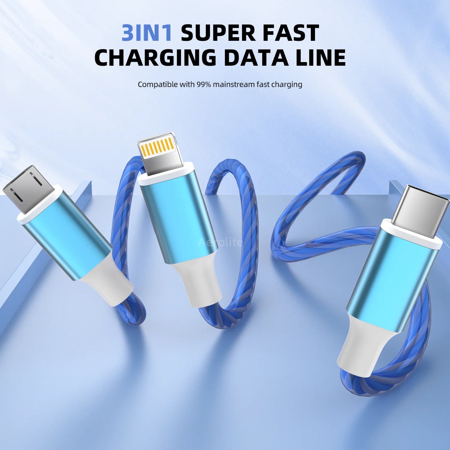 2pcs 4ft 3 in1 blue Fast Charging Luminous USB Data Cable For iPhone