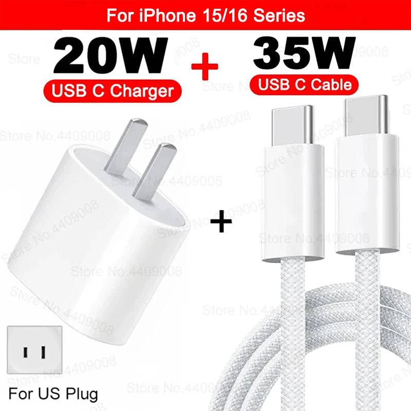 US EU Adapter 20W PD Fast Charger For iPhone 13 12 11 14 15 16 Pro Max Plus