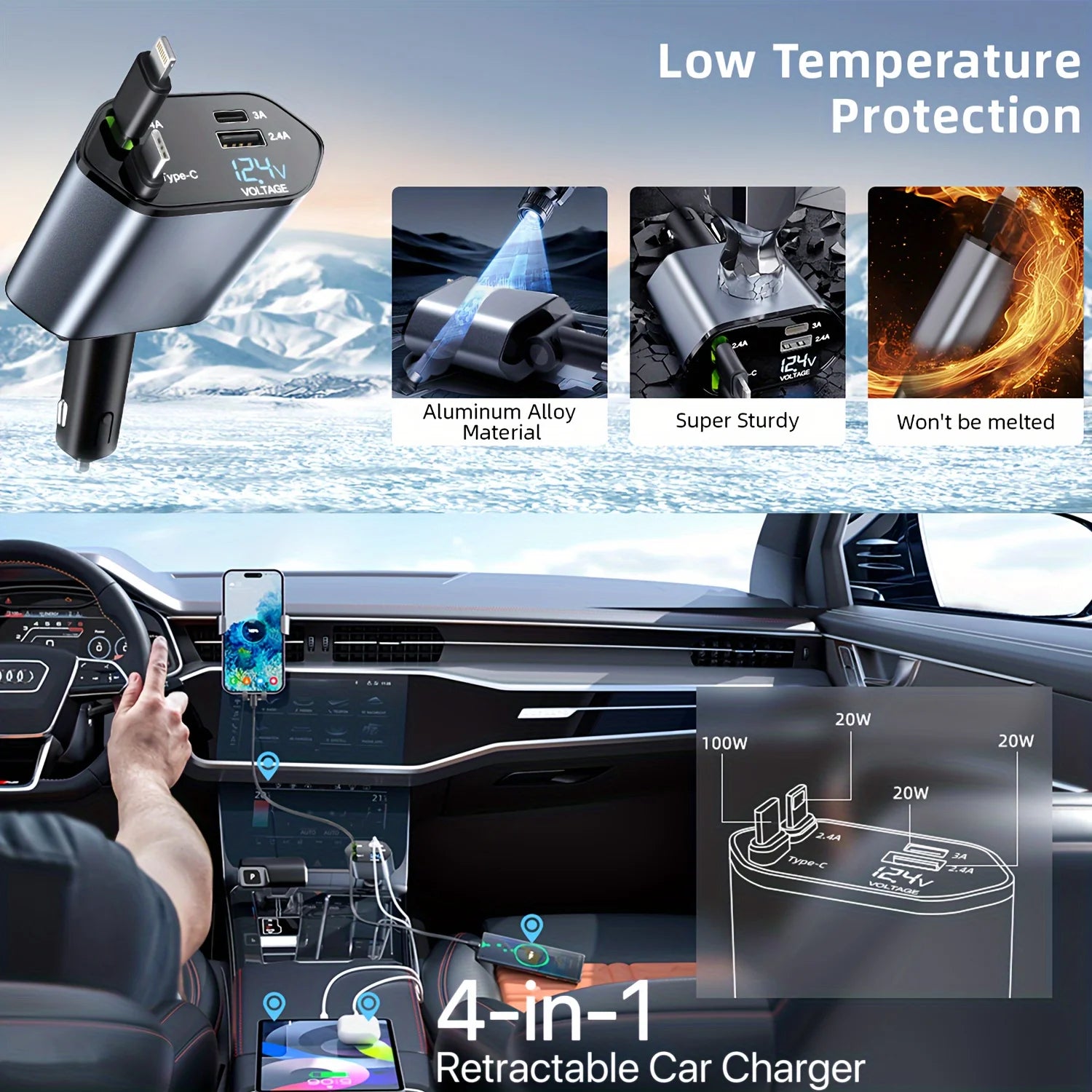 4 IN 1 120W Retractable Car Charger USB Type C Cable For IPhone Huawei Samsung