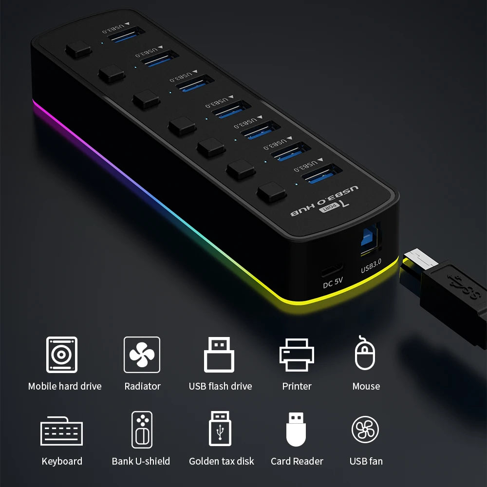RGB USB 3.0 Hub 7 Ports Data Port Adapter 5Gbps Individual On/Off Switch