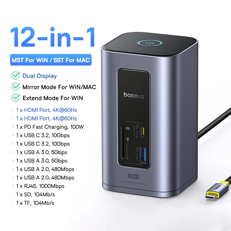 Baseus 12-in-1 USB C HUB to HDMI 4K@60Hz Dual Display USB 3.2 Adapter