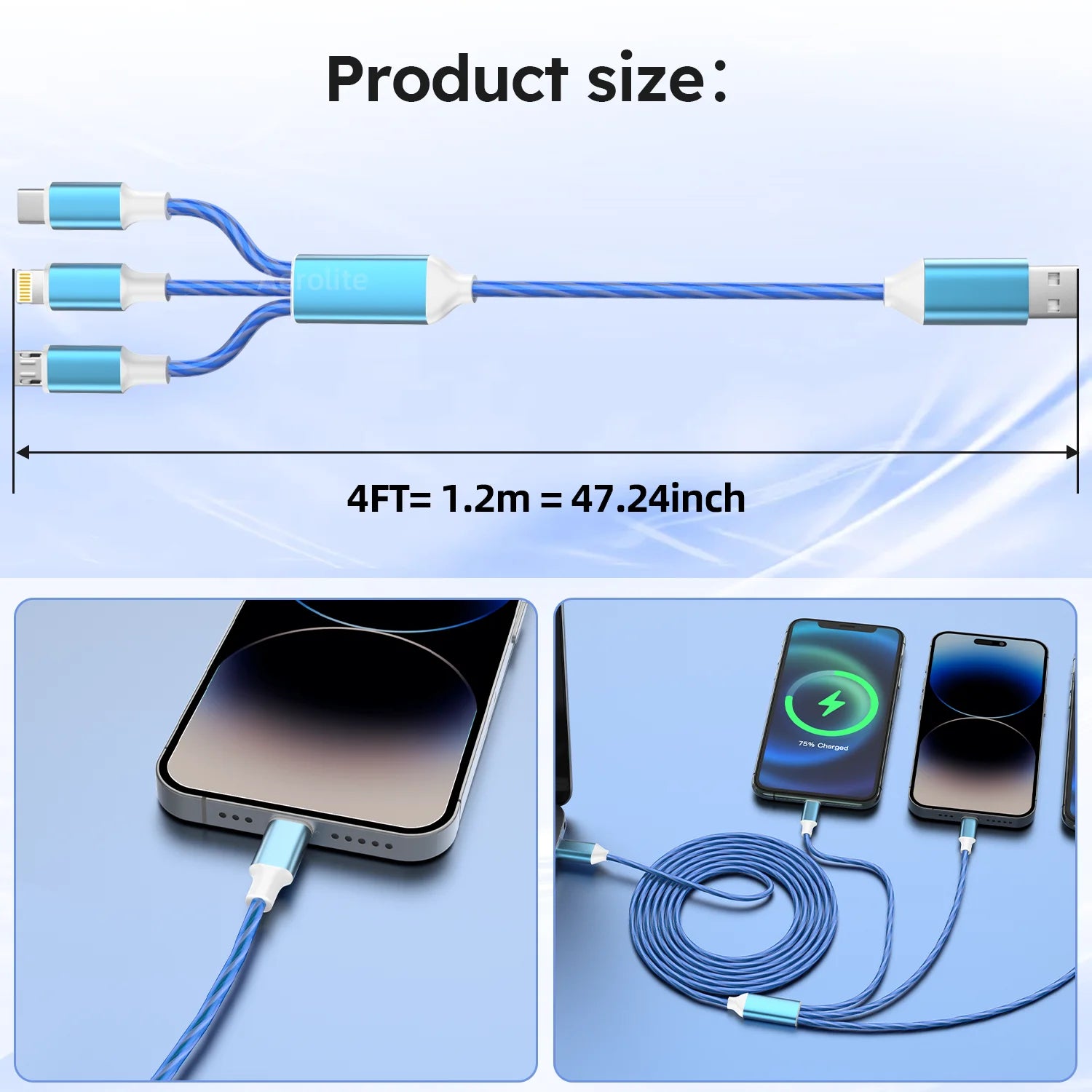 2pcs 4ft 3 in1 blue Fast Charging Luminous USB Data Cable For iPhone