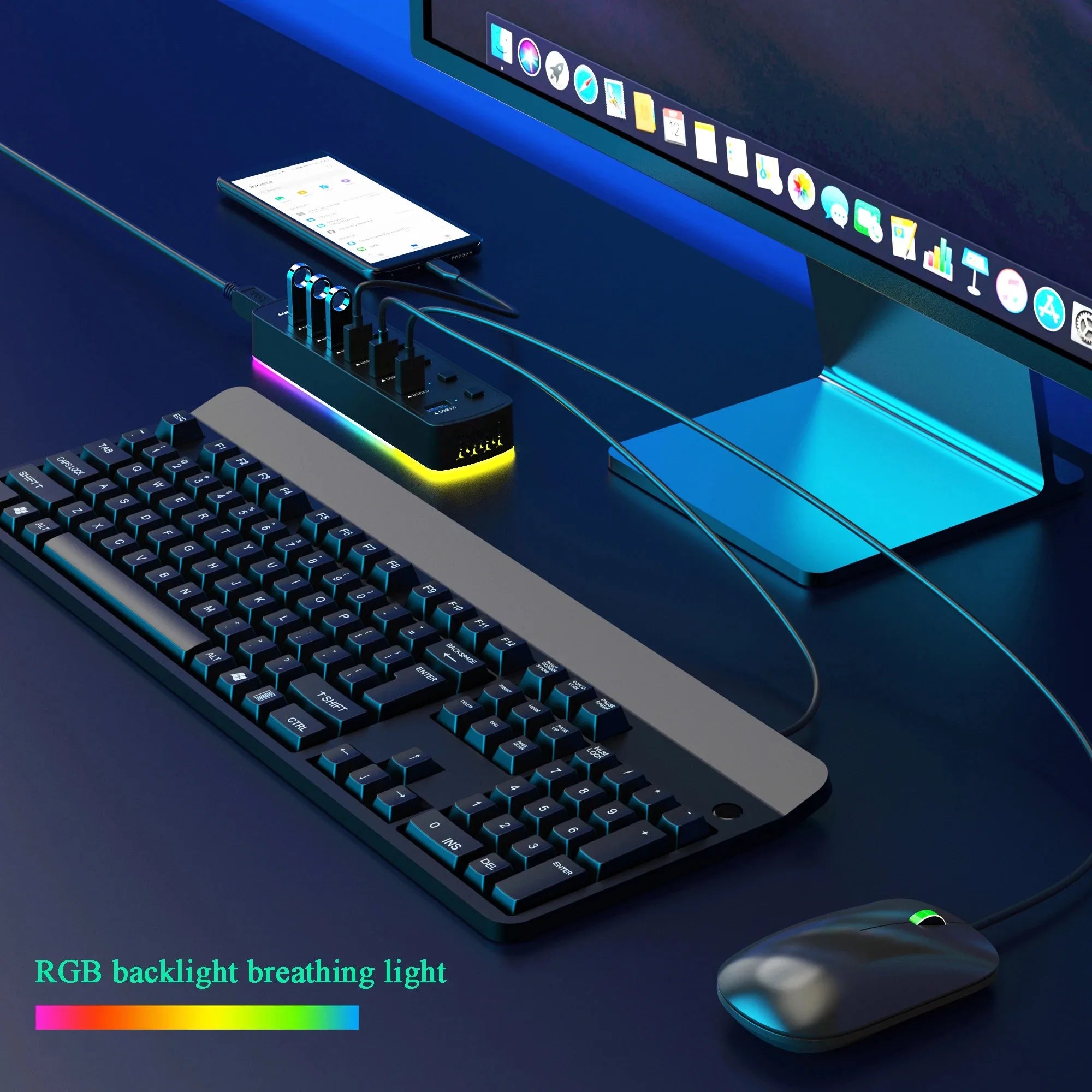 RGB USB 3.0 Hub 7 Ports Data Port Adapter 5Gbps Individual On/Off Switch