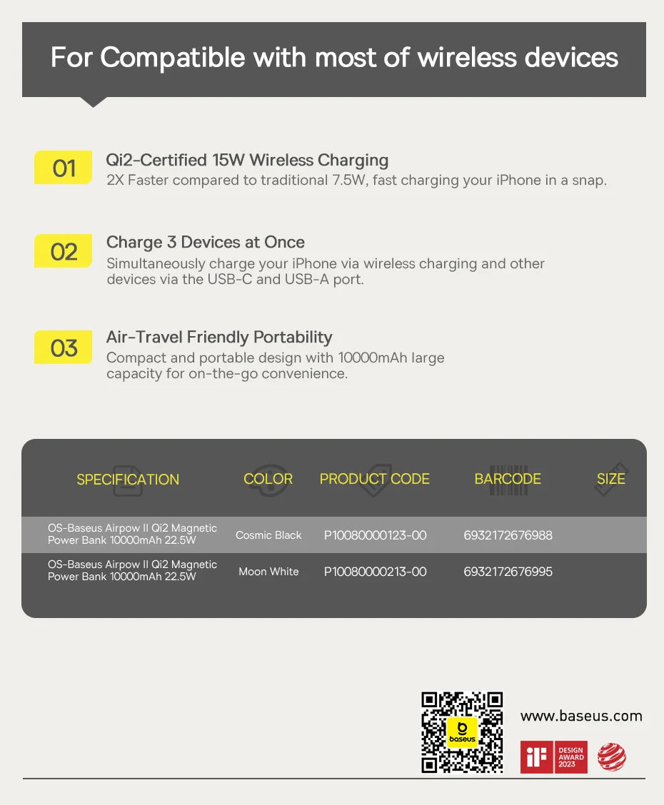 Baseus Qi2 Magnetic Power Bank 10000mah 15W Wireless Charging 22.5W