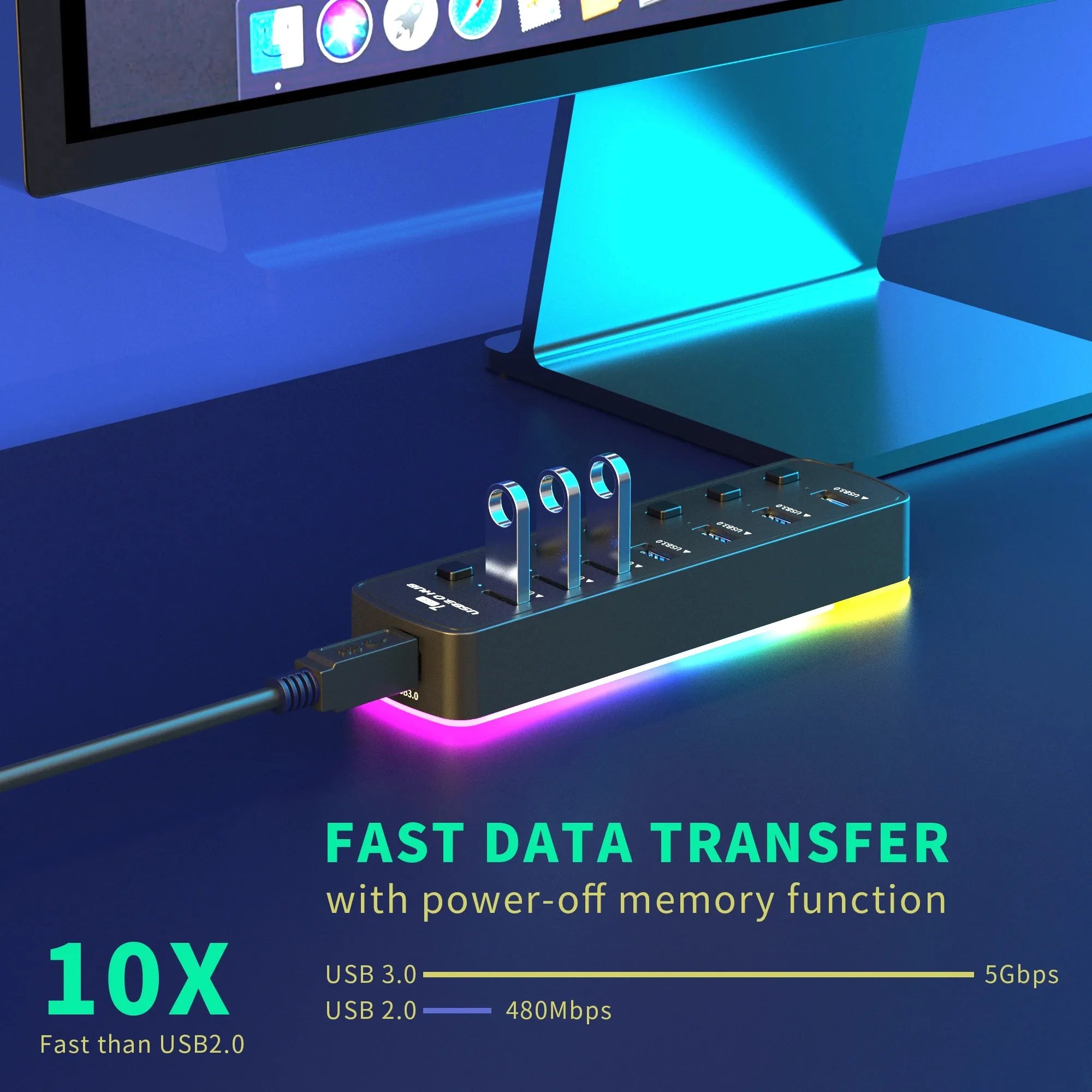 RGB USB 3.0 Hub 7 Ports Data Port Adapter 5Gbps Individual On/Off Switch