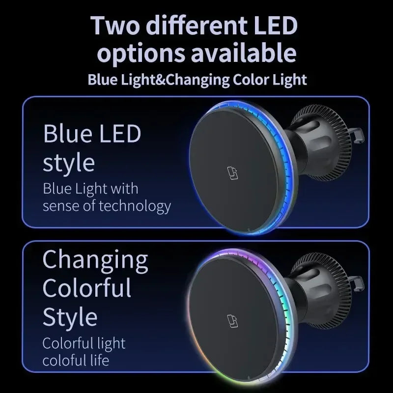 30W Magnetic Car Wireless Chargers RGB LED Light For iPhone 12 13 14 15 Pro Max