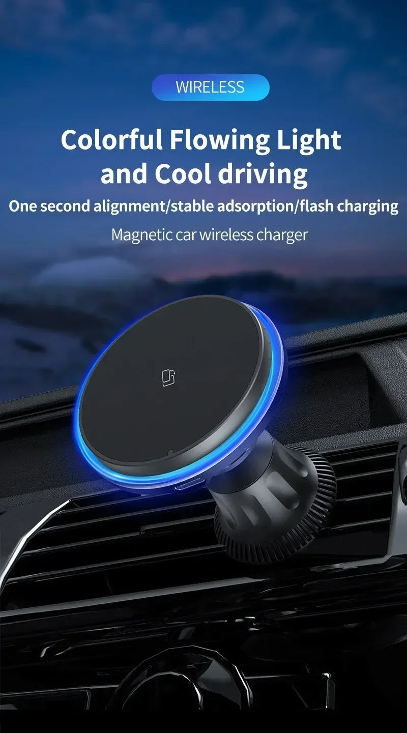 30W Magnetic Car Wireless Chargers RGB LED Light For iPhone 12 13 14 15 Pro Max
