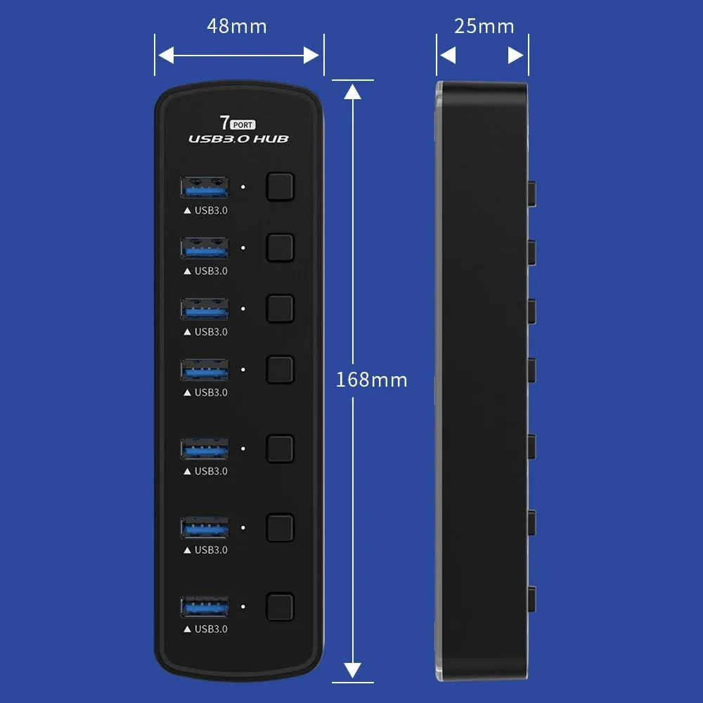 RGB USB 3.0 Hub 7 Ports Data Port Adapter 5Gbps Individual On/Off Switch