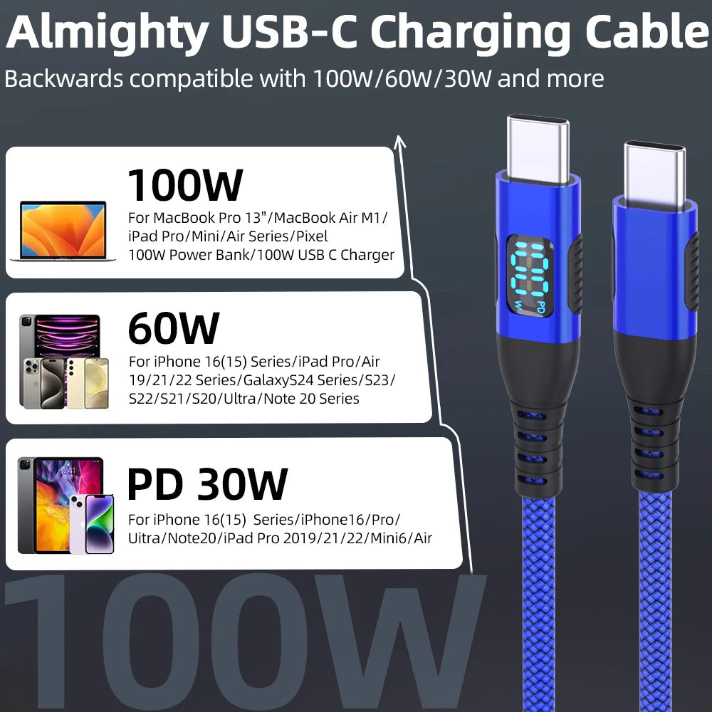 Ultra Fast Charging USB C to Type C Cable 100W 20V5A with LED Dynamic Display