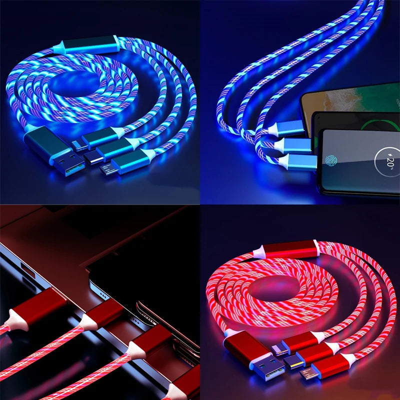 Glowing LED 3 IN 1 Cable For Samsung Xiaomi iPhone Flowing Streamer