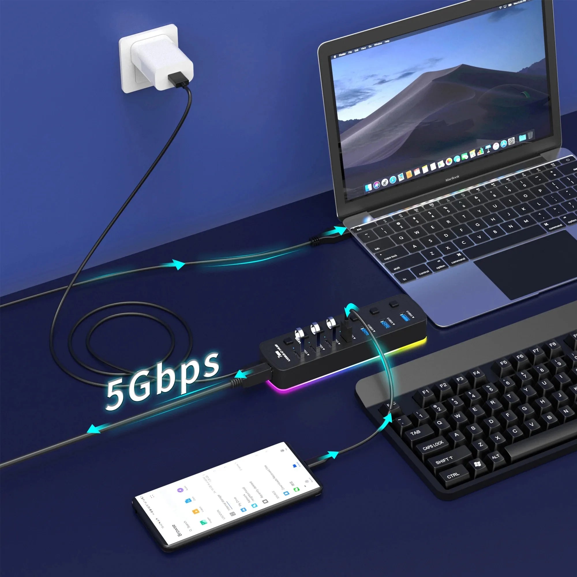 RGB USB 3.0 Hub 7 Ports Data Port Adapter 5Gbps Individual On/Off Switch