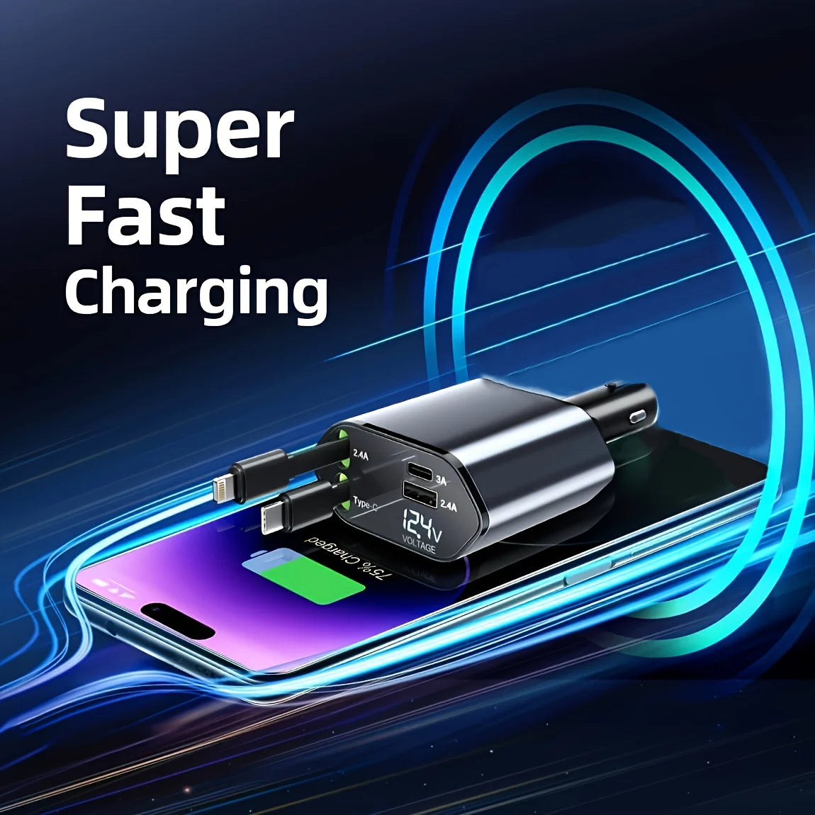4 IN 1 120W Retractable Car Charger USB Type C Cable For IPhone Huawei Samsung