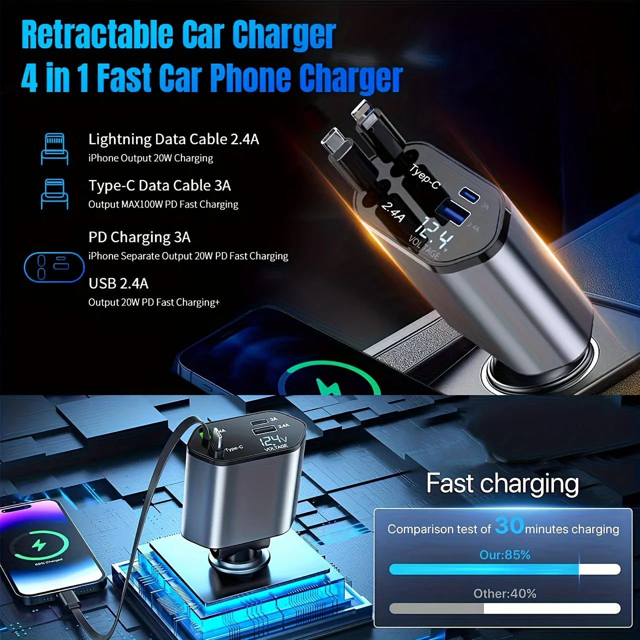 4 IN 1 120W Retractable Car Charger USB Type C Cable For IPhone Huawei Samsung