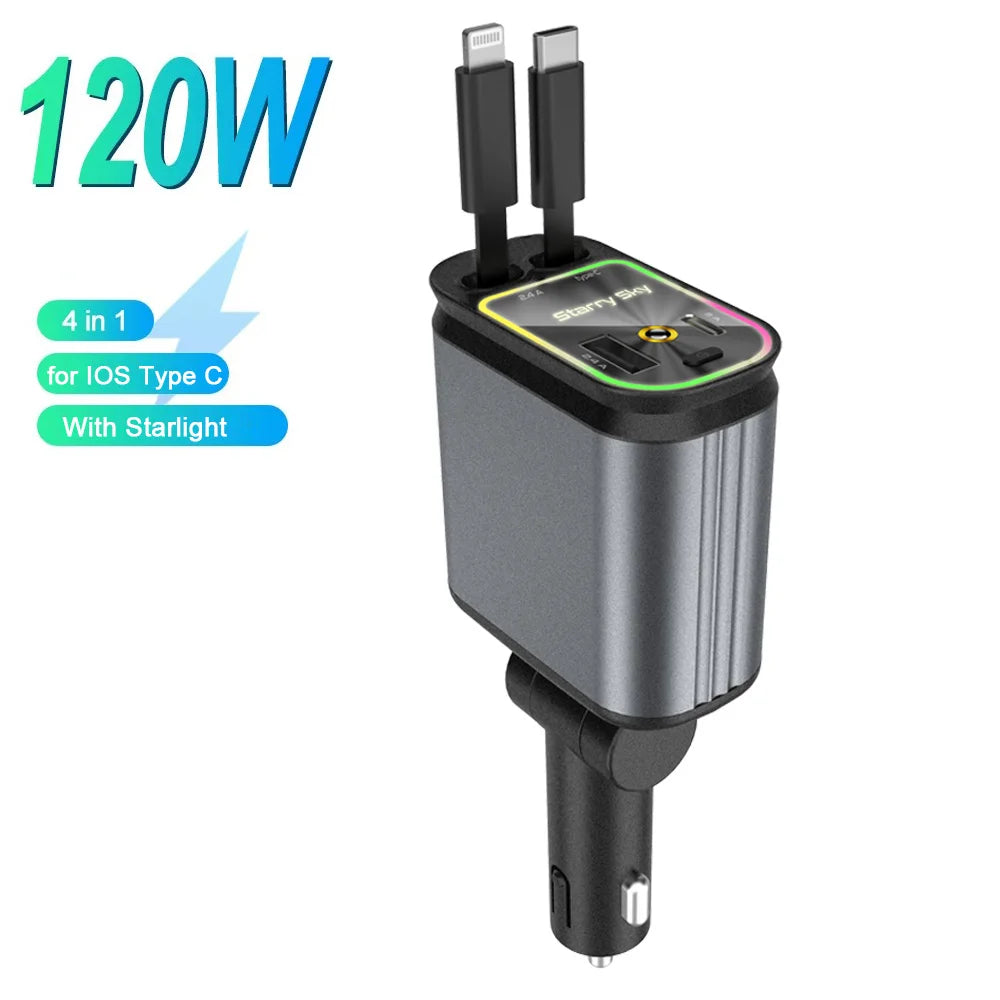 4 in 1 Retractable Car Charger with Roof Starlight USB C Cable Starlight in Auto