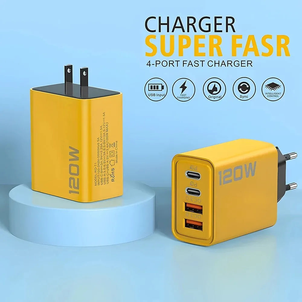 120W 4 Port USB Type C Charger Fast Charging Data Cable USB Phone Charger