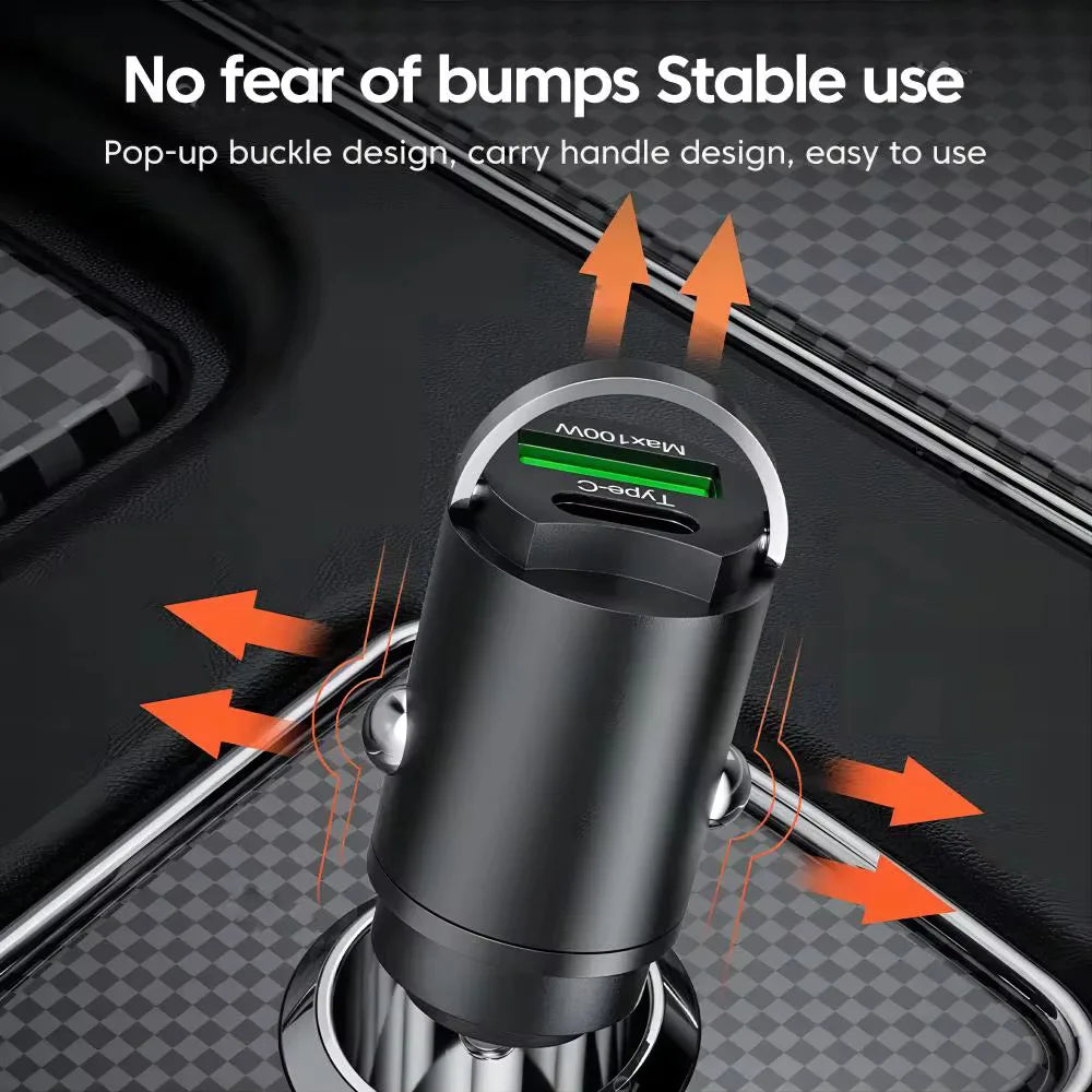 Mini 100W PD QC Pull Ring Fast Charging Car Charger USB C Car Phone Charger